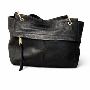 Cole Haan Black Pebbled Leather Shoulder Bag Gold Hardware Zip Pocket